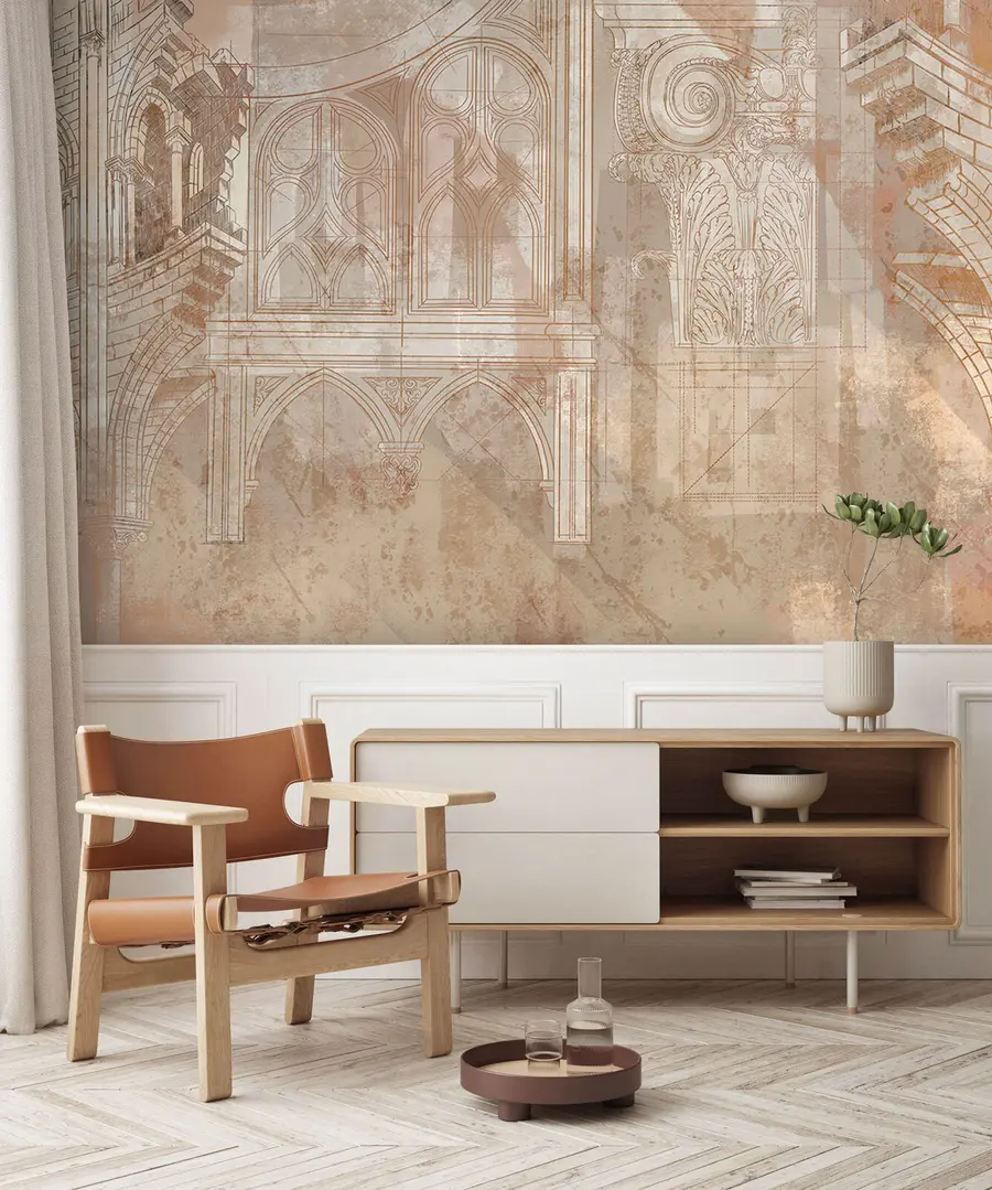 murales de pared Dibujo de arte arquitectónico de columnas y monograma. u95126