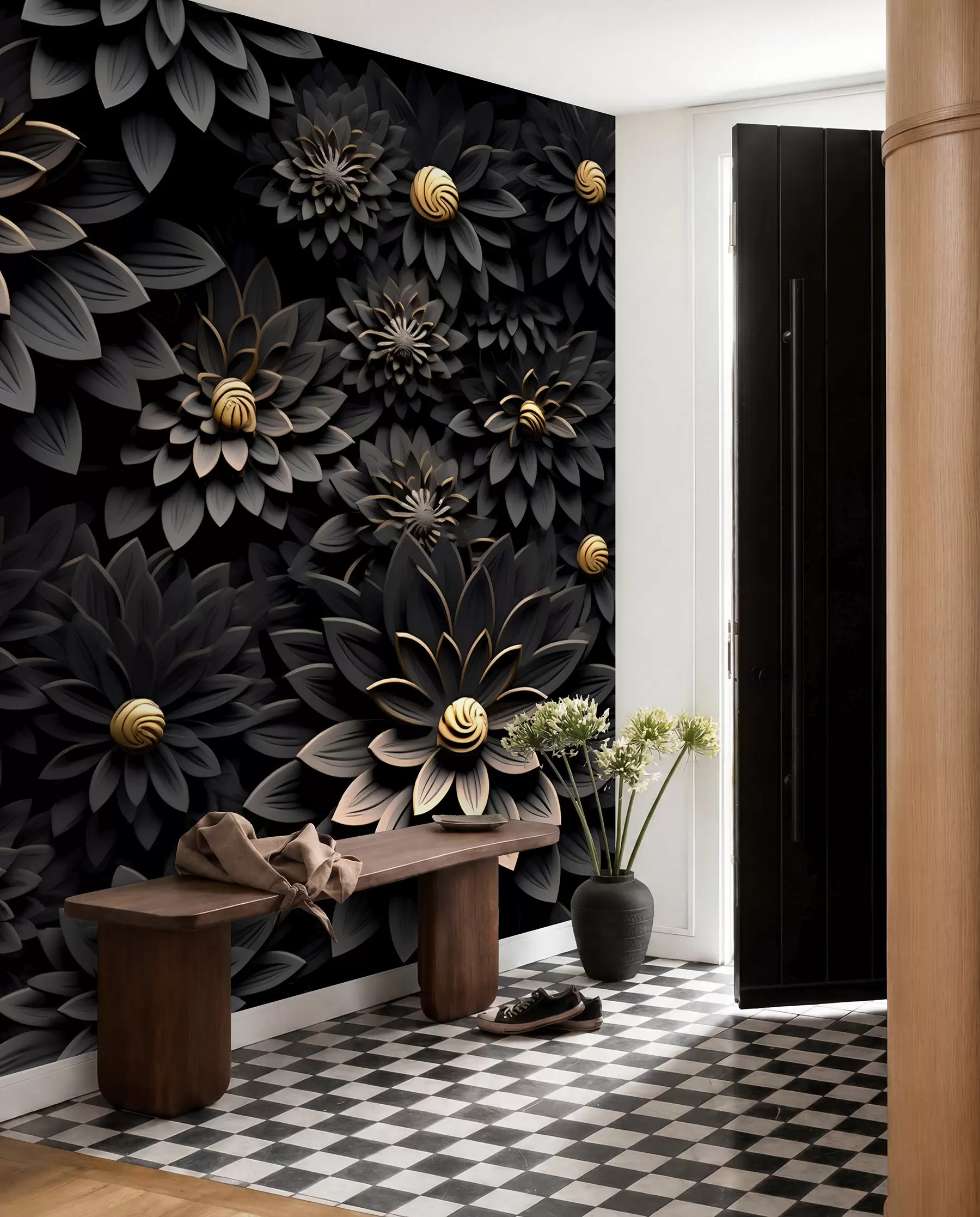 murales de pared Flores negras con efecto 3D u95249