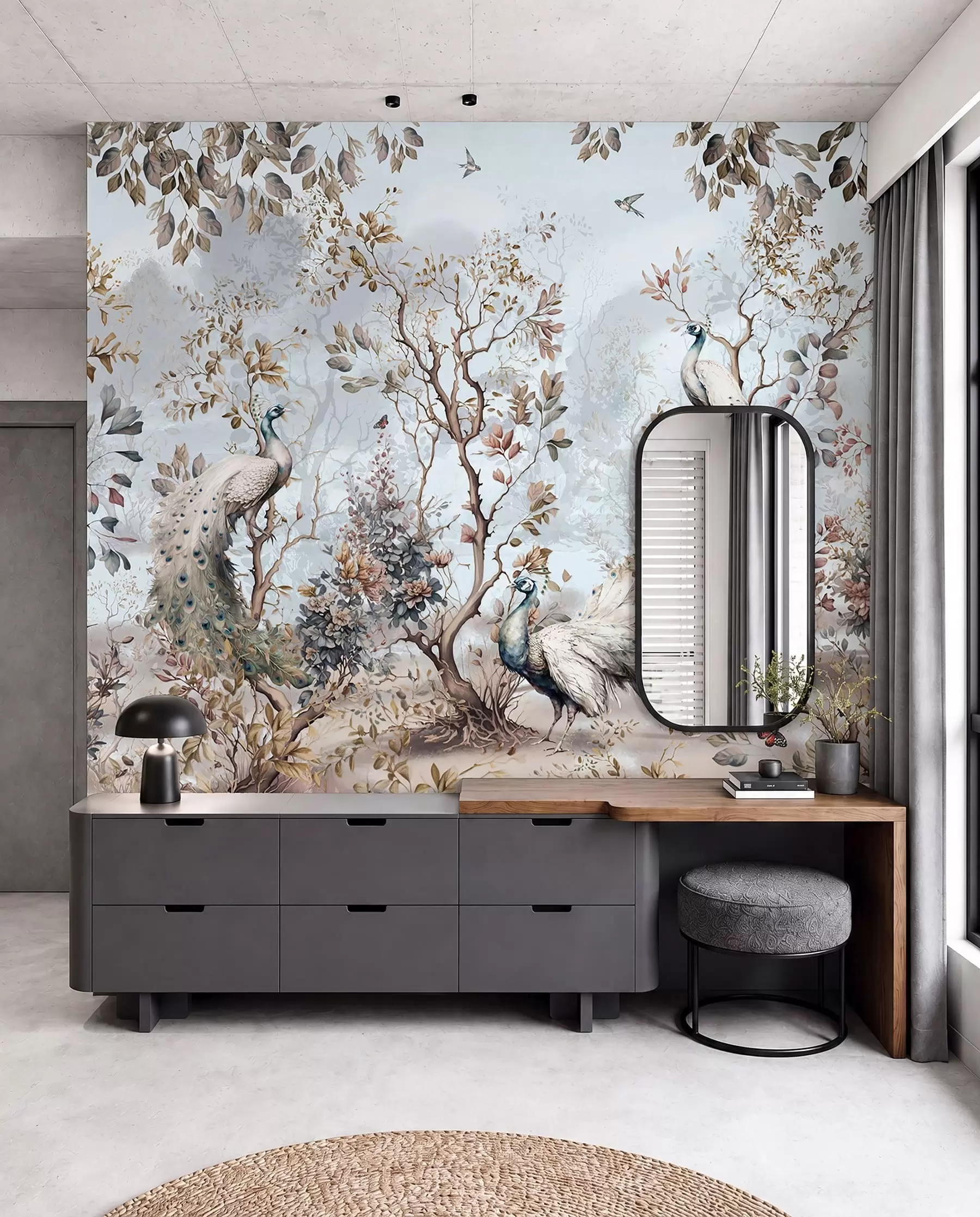 murales de pared Chinoiserie estilo chino plantas y pavos reales u94849