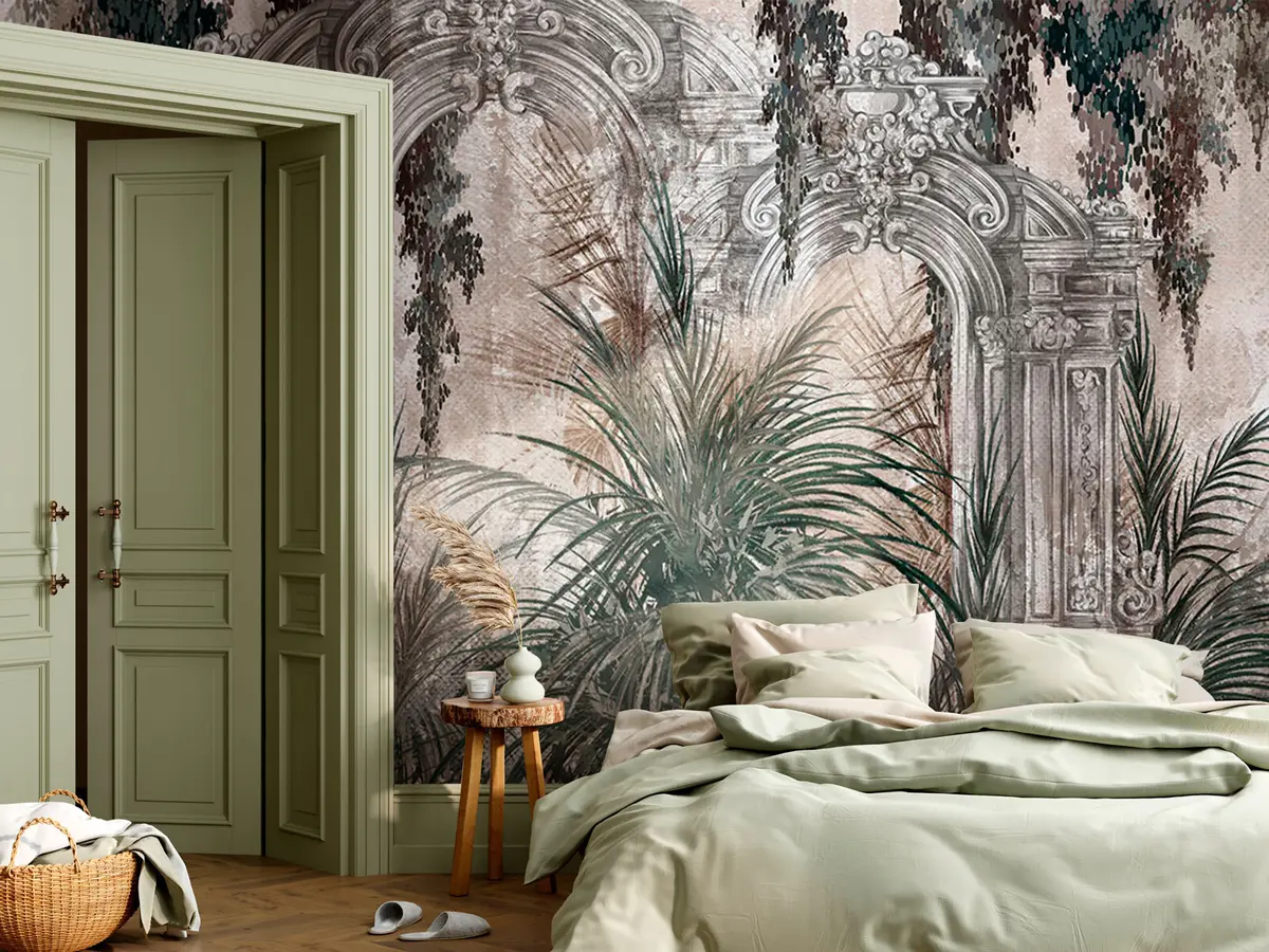 murales de pared Arquitectura antigua con hojas tropicales u95500
