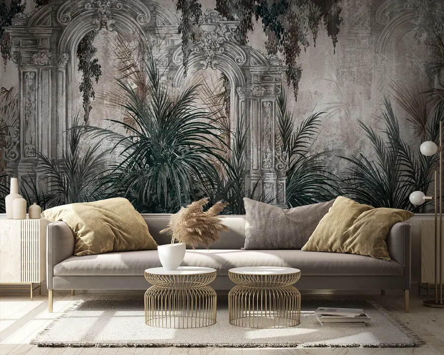 murales de pared Arquitectura antigua con hojas tropicales u95500