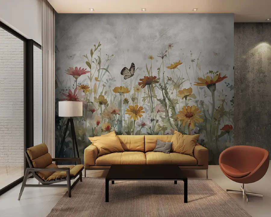murales de pared Acuarela flores silvestres y mariposas u95406