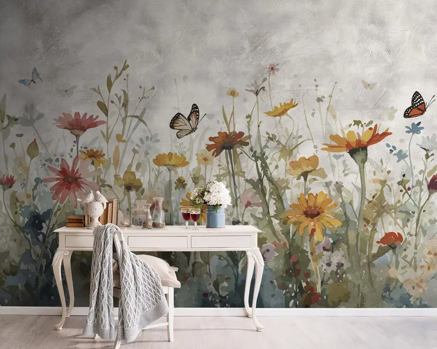 murales de pared Acuarela flores silvestres y mariposas u95406