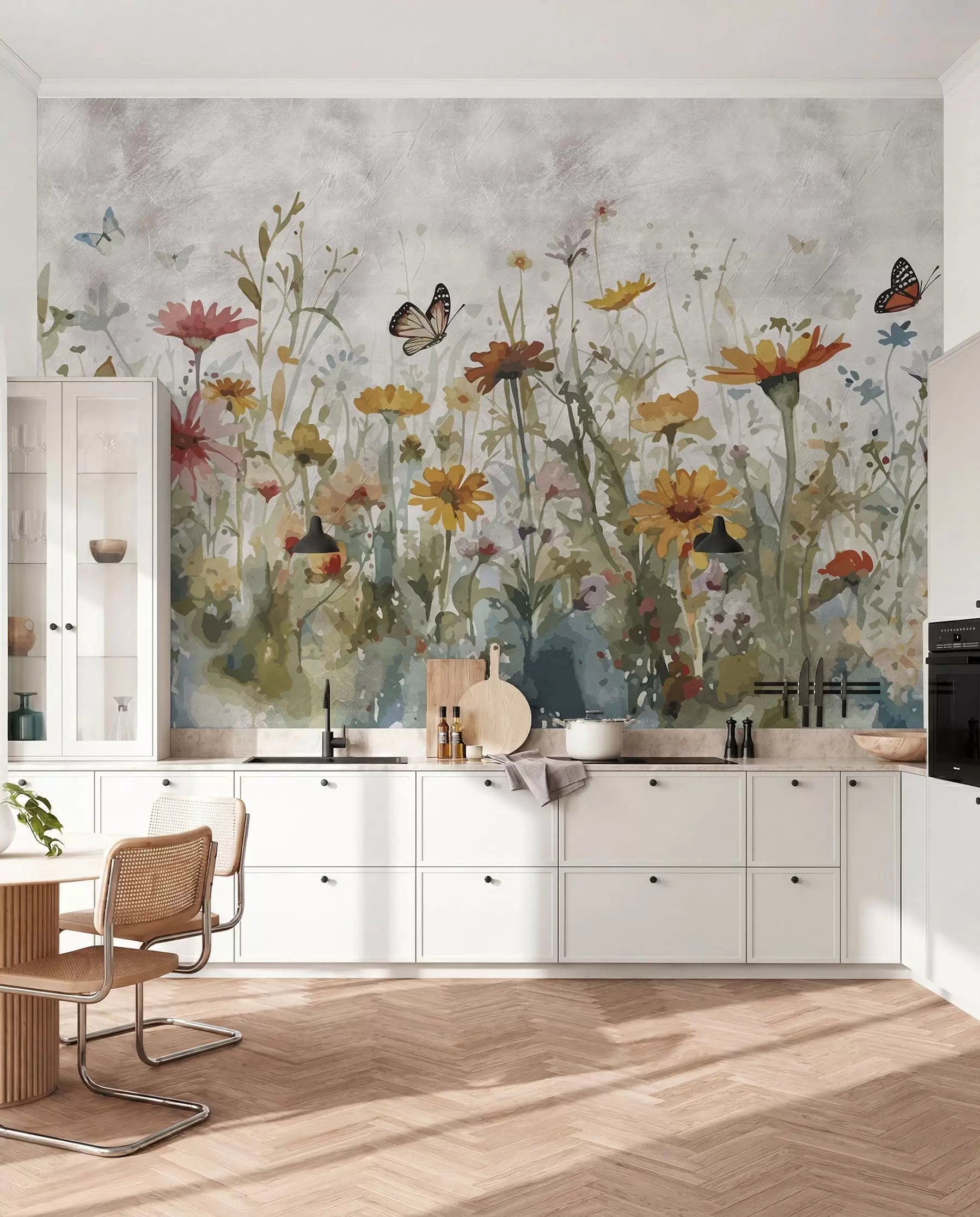 murales de pared Acuarela flores silvestres y mariposas u95406