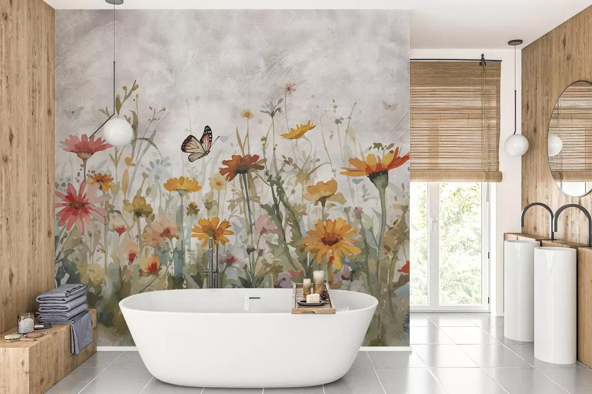 murales de pared Acuarela flores silvestres y mariposas u95406