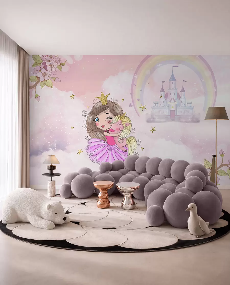 murales de pared Princesa y unicornio en el fondo del castillo con un arco iris u95401