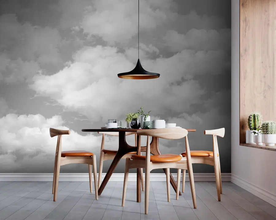 murales de pared Las nubes blancas sobre un cielo gris son una nueva tendencia en el interior. u94178