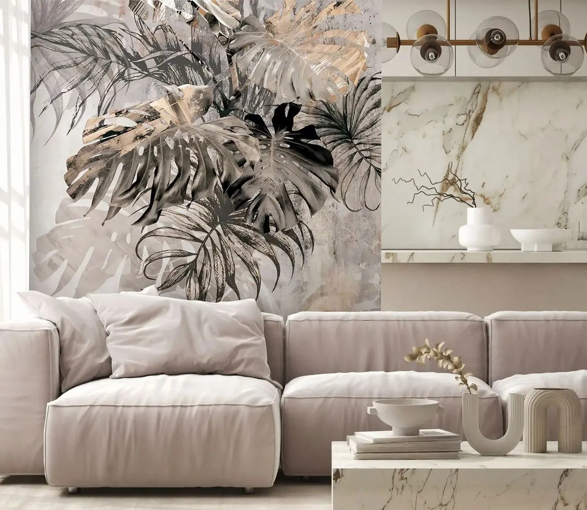 murales de pared Diseño de hojas tropicales con textura grunge u94647