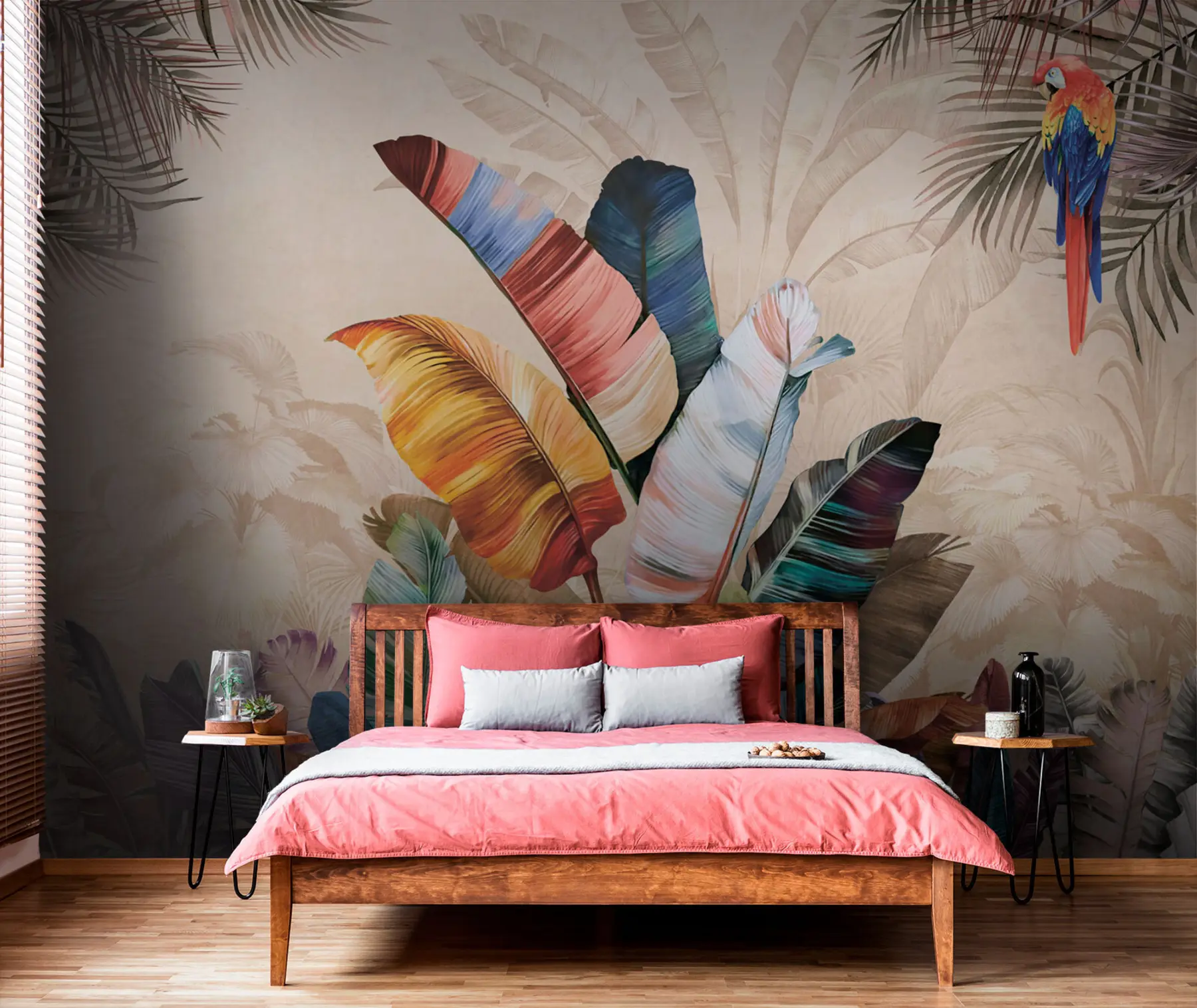 murales de pared Hojas de palma coloridas con pájaro loro tropical u95050
