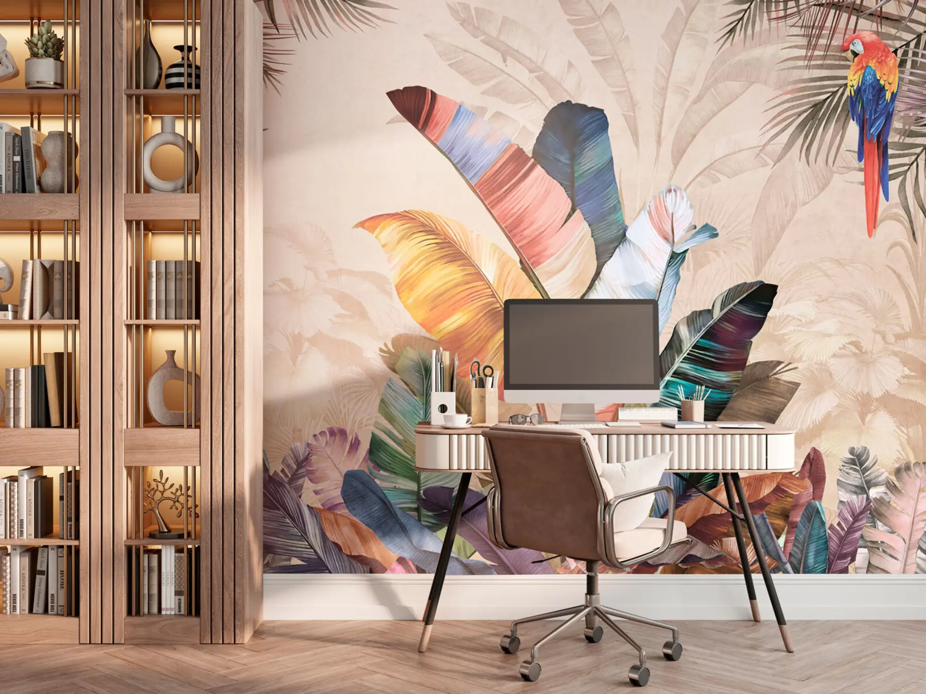 murales de pared Hojas de palma coloridas con pájaro loro tropical u95050