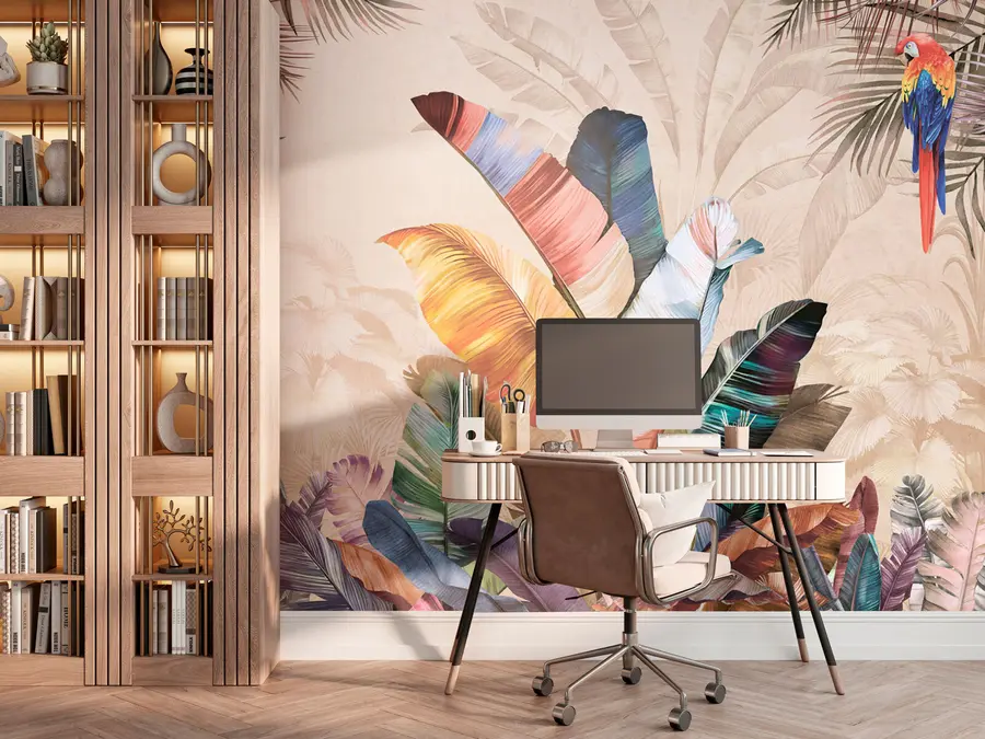 murales de pared Hojas de palma coloridas con pájaro loro tropical u95050