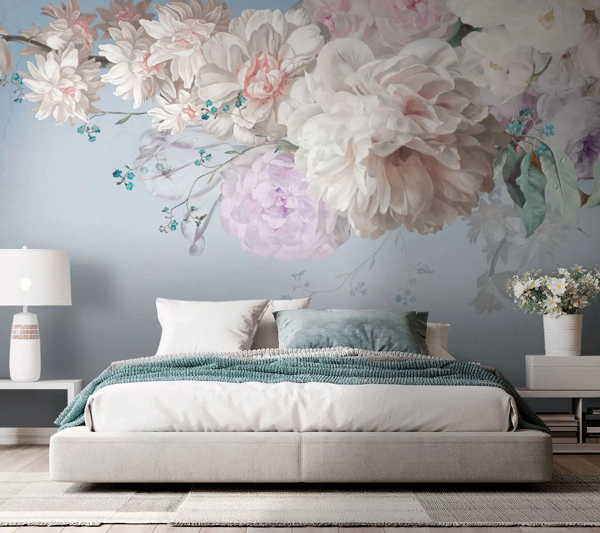 murales de pared Grandes flores exuberantes, peonías blancas sobre un fondo azul. u95437