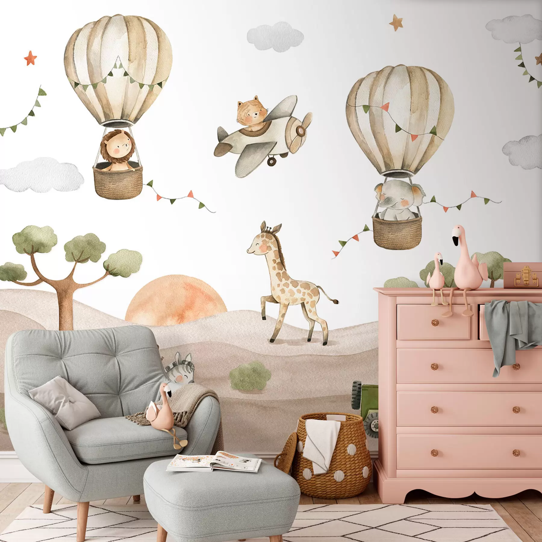 murales de pared Dibujo de acuarela con animales, globos, avión y coche u95882