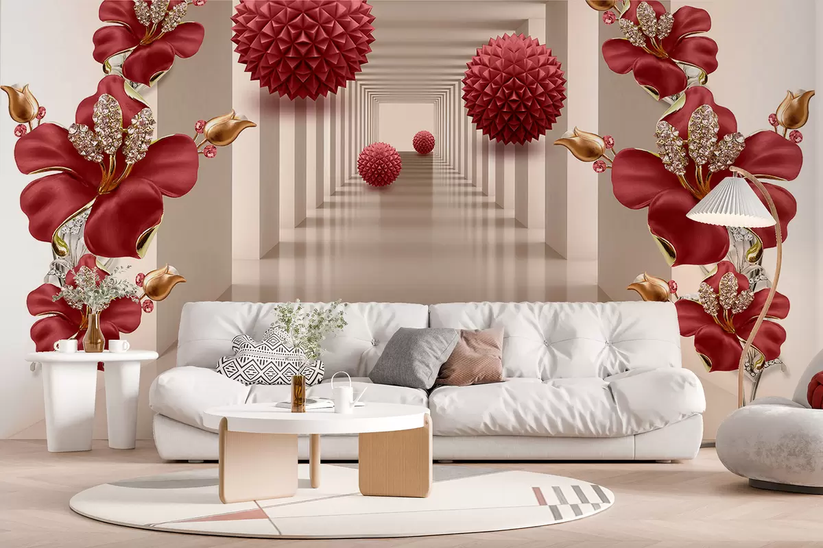 murales de pared Flores rojas en ilustración 3D u95894