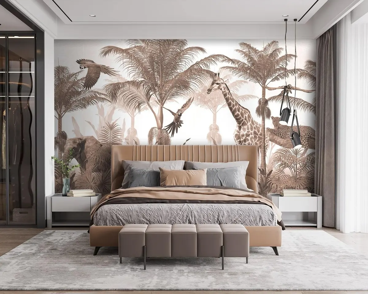 murales de pared Diseño de papel tapiz de árboles tropicales con animales. u95906