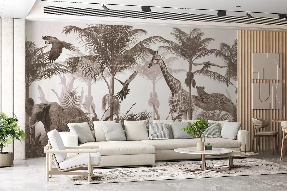 murales de pared Diseño de papel tapiz de árboles tropicales con animales. u95906