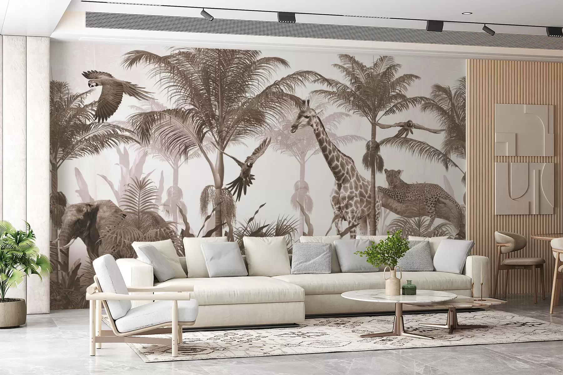 murales de pared Diseño de papel tapiz de árboles tropicales con animales u95906