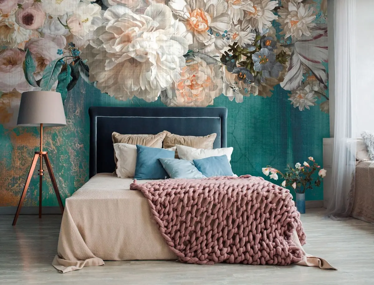 murales de pared Gran exuberante ramo de flores con textura grunge u95430
