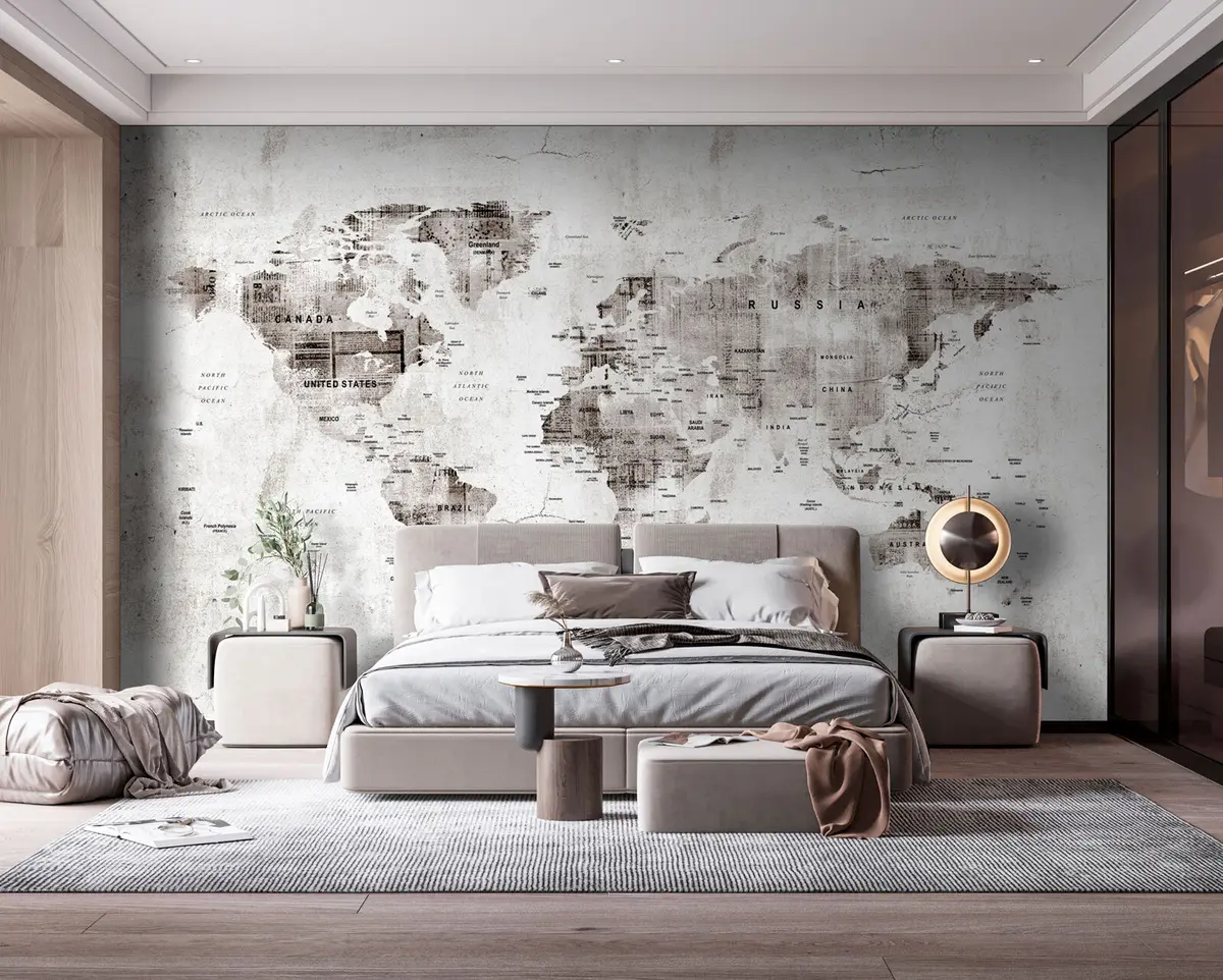 murales de pared Mapa detallado del mundo sobre textura grunge de hormigón u95433