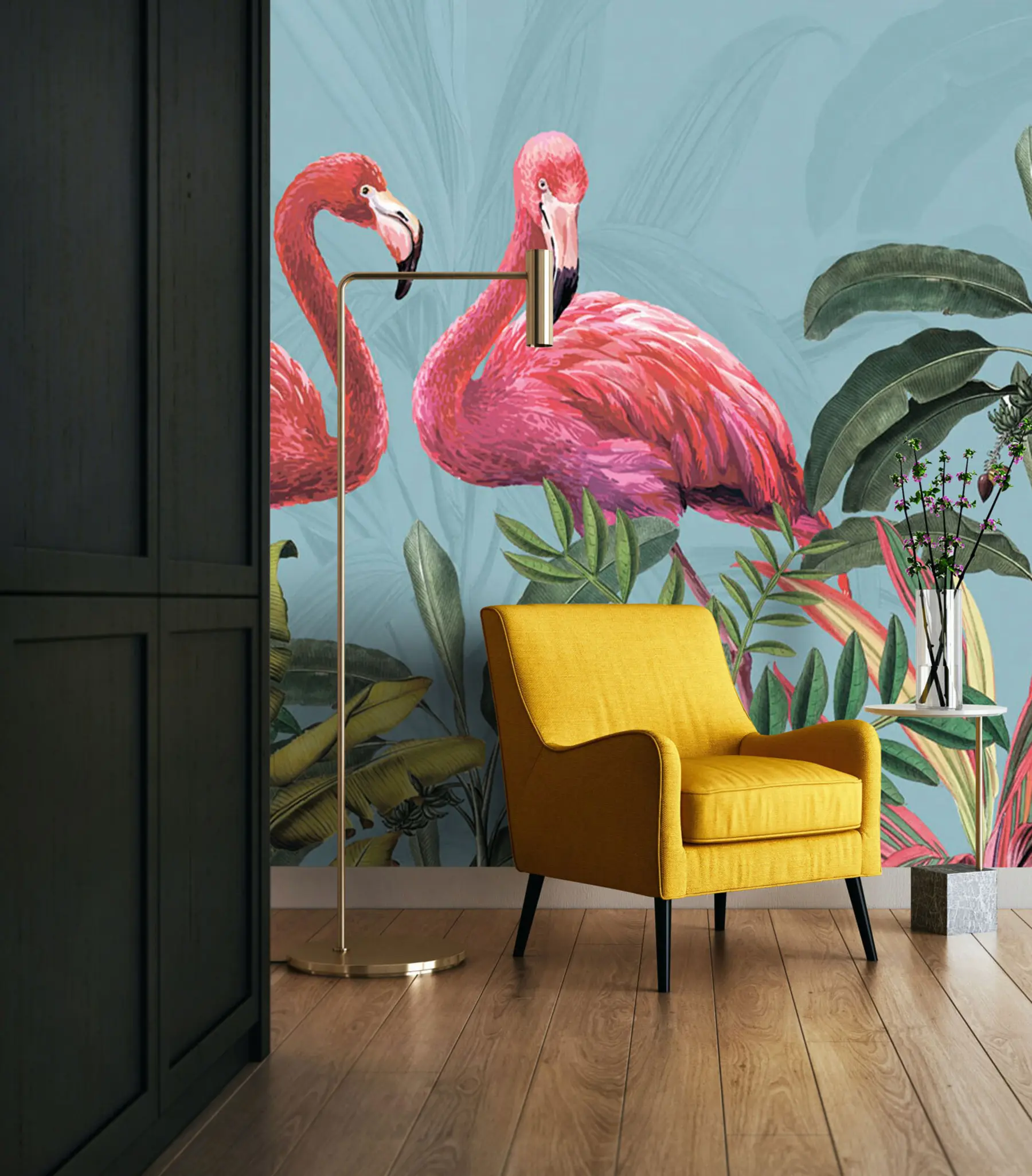 murales de pared Dos flamencos rosados ​​en matorrales tropicales u95732