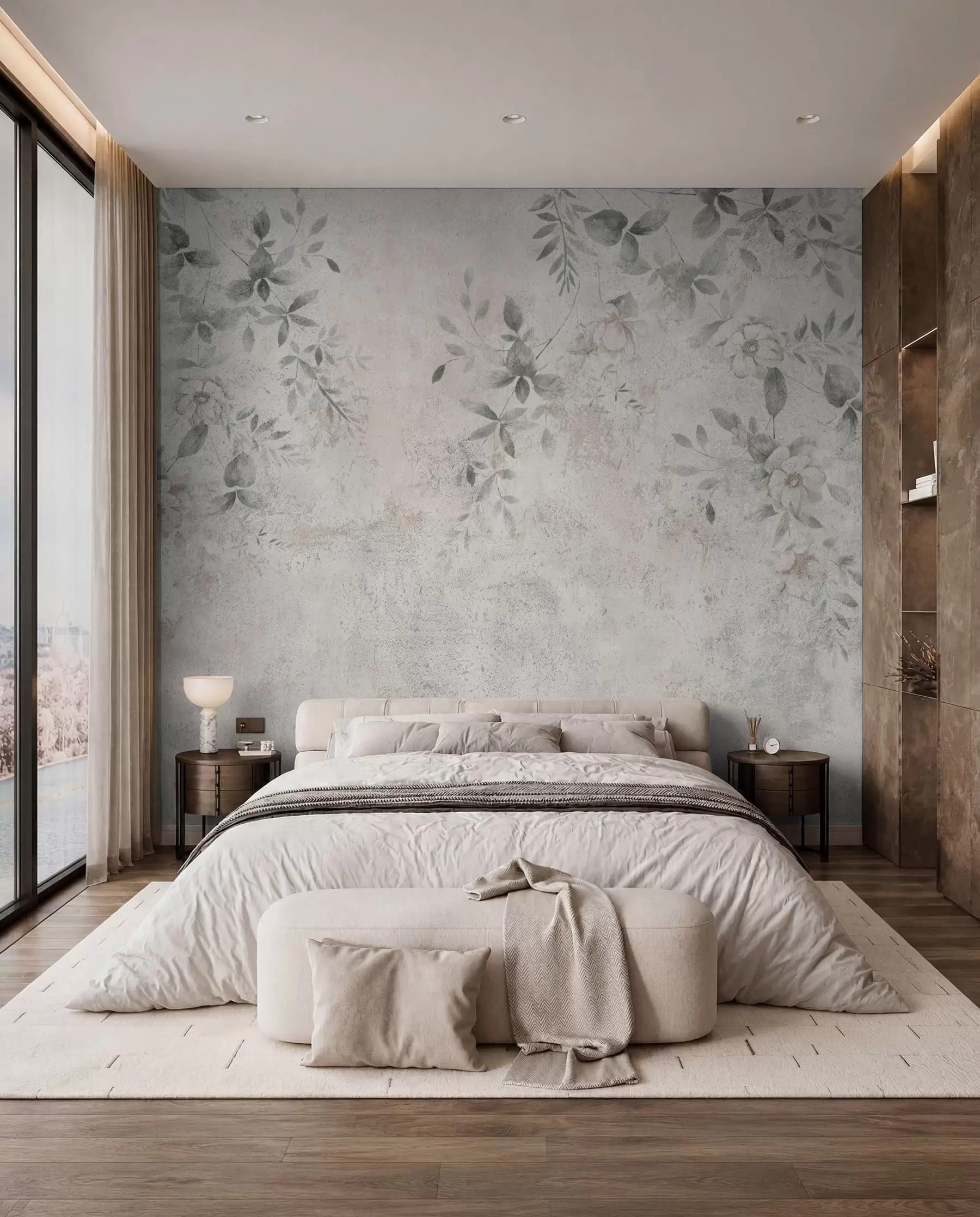 murales de pared Flores con ramas sobre minimalismo de fondo de hormigón grunge u96140