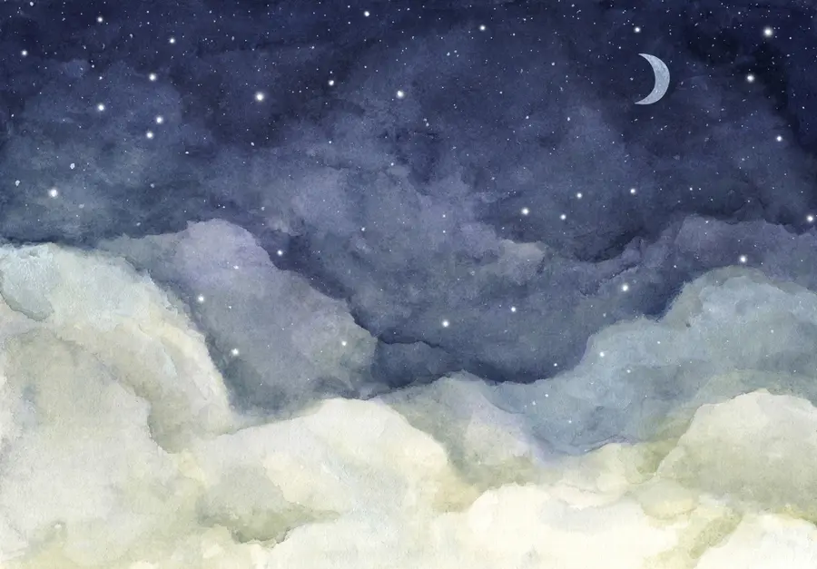 murales de pared Pintura acuarela del cielo nocturno con luna creciente y estrellas brillantes u96076