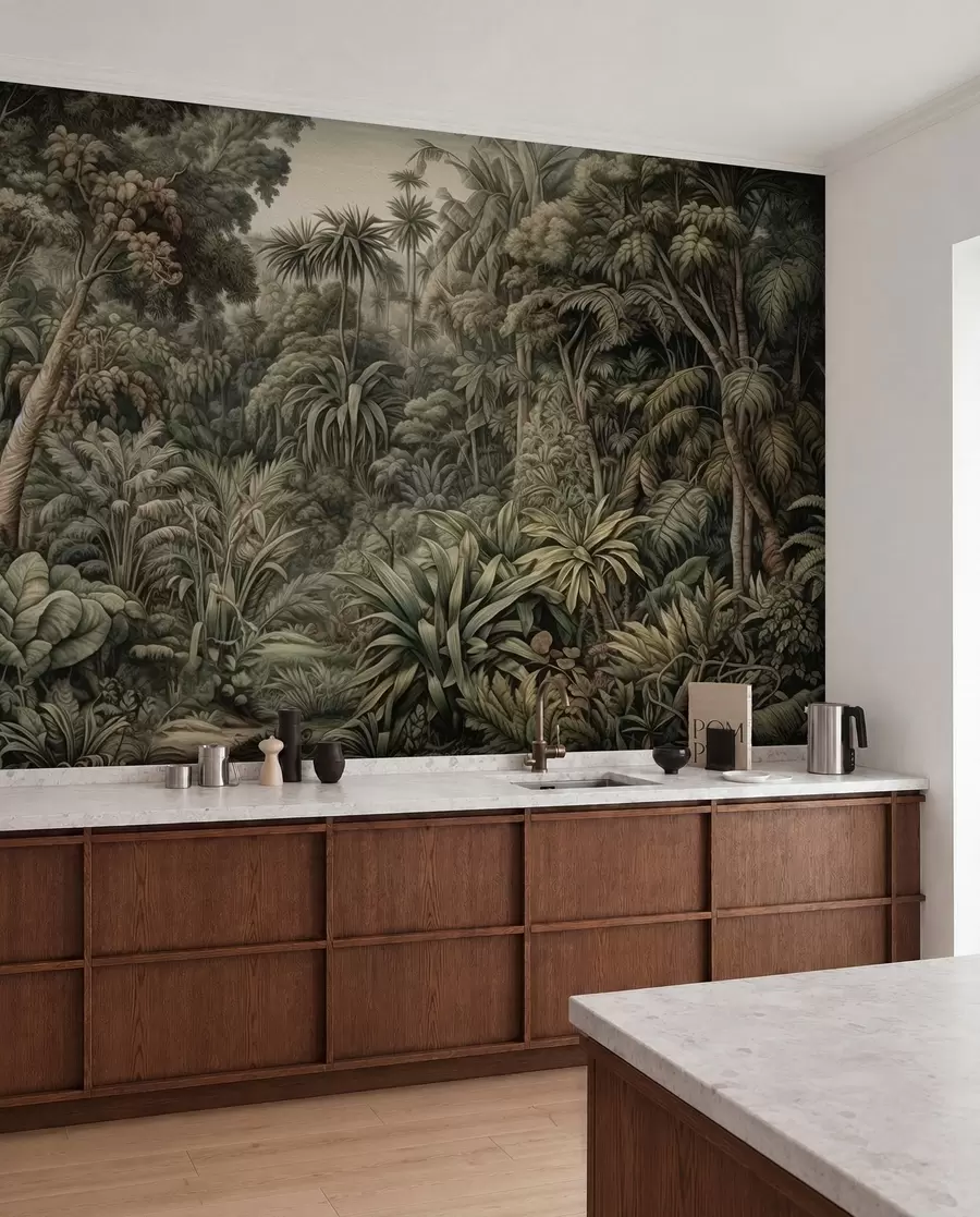 murales de pared Hermosa selva verde abstracta con hojas tropicales u96093