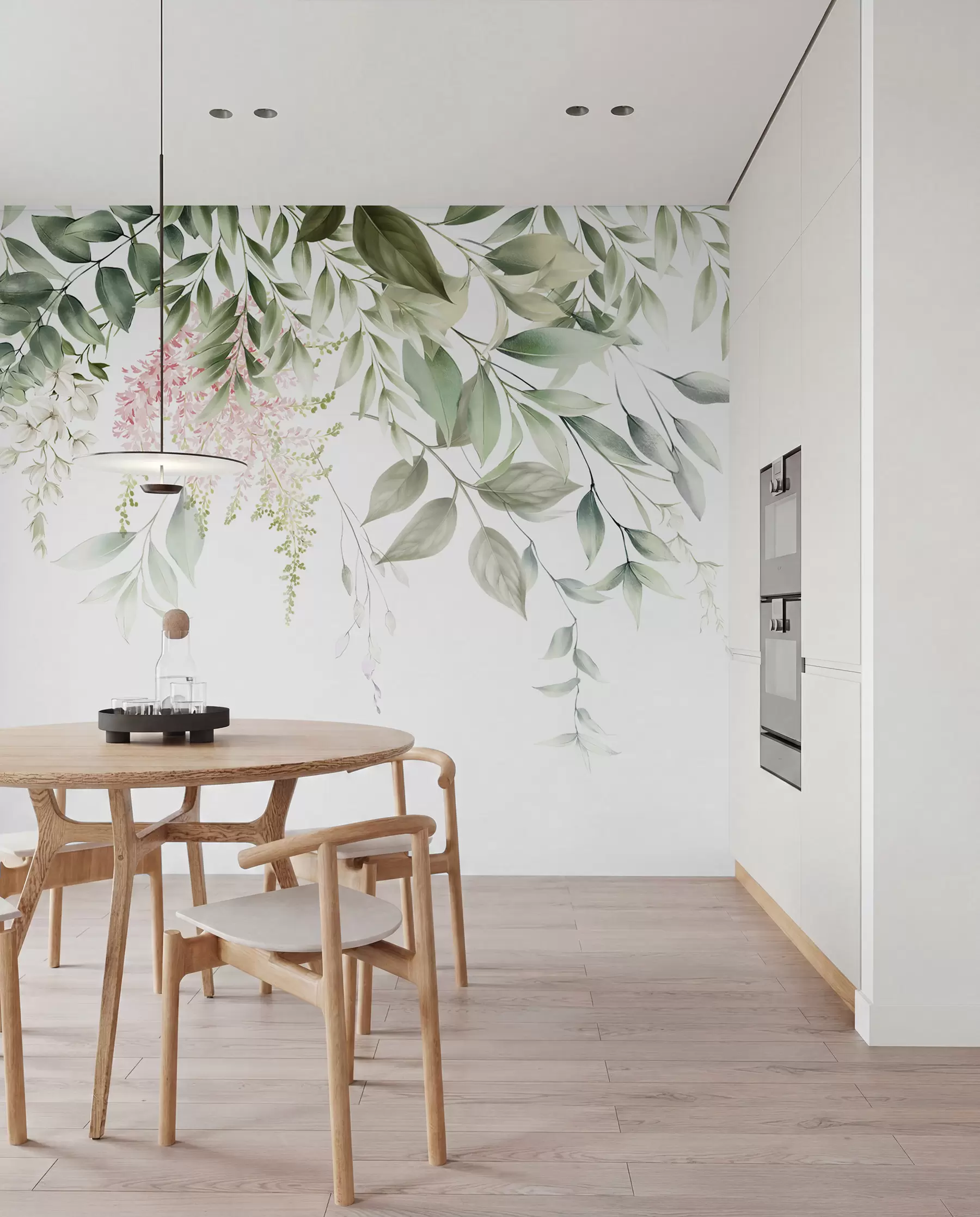 murales de pared Follaje con flores rosas u95923