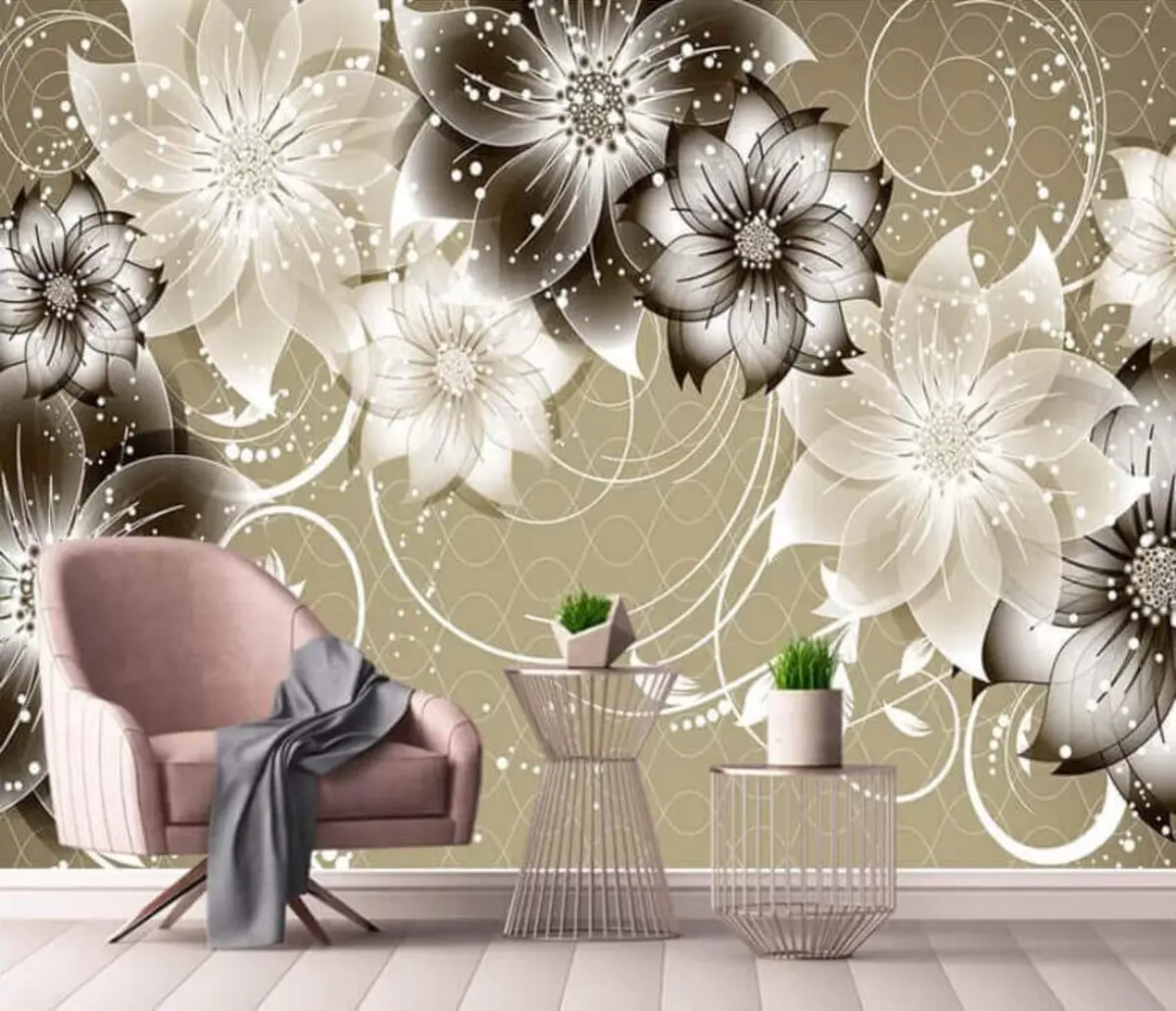 murales de pared Flores blancas sobre fondo beige u17606