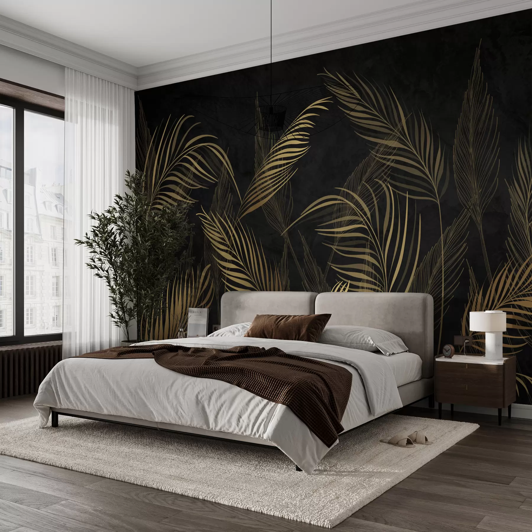 murales de pared Hojas de palmera sobre fondo negro u96318