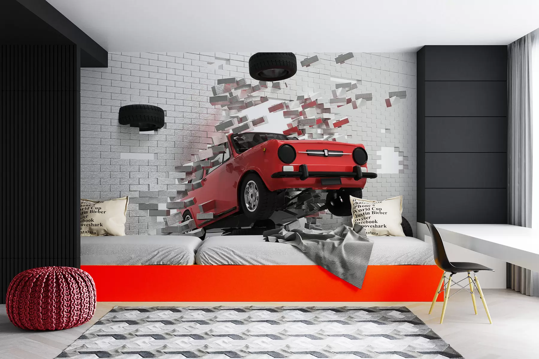 murales de pared Coche retro rojo se rompe a través de una pared de ladrillos claros u96599