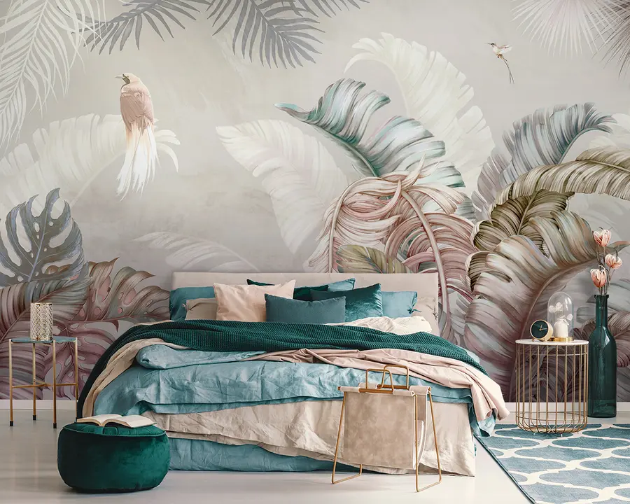 murales de pared Ilustración tropical con hojas de plátano y pájaros u96254