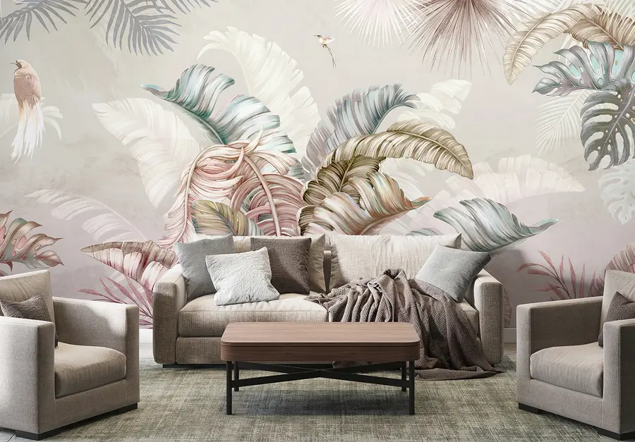 murales de pared Ilustración tropical con hojas de plátano y pájaros. u96254