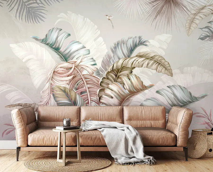 murales de pared Ilustración tropical con hojas de plátano y pájaros u96254