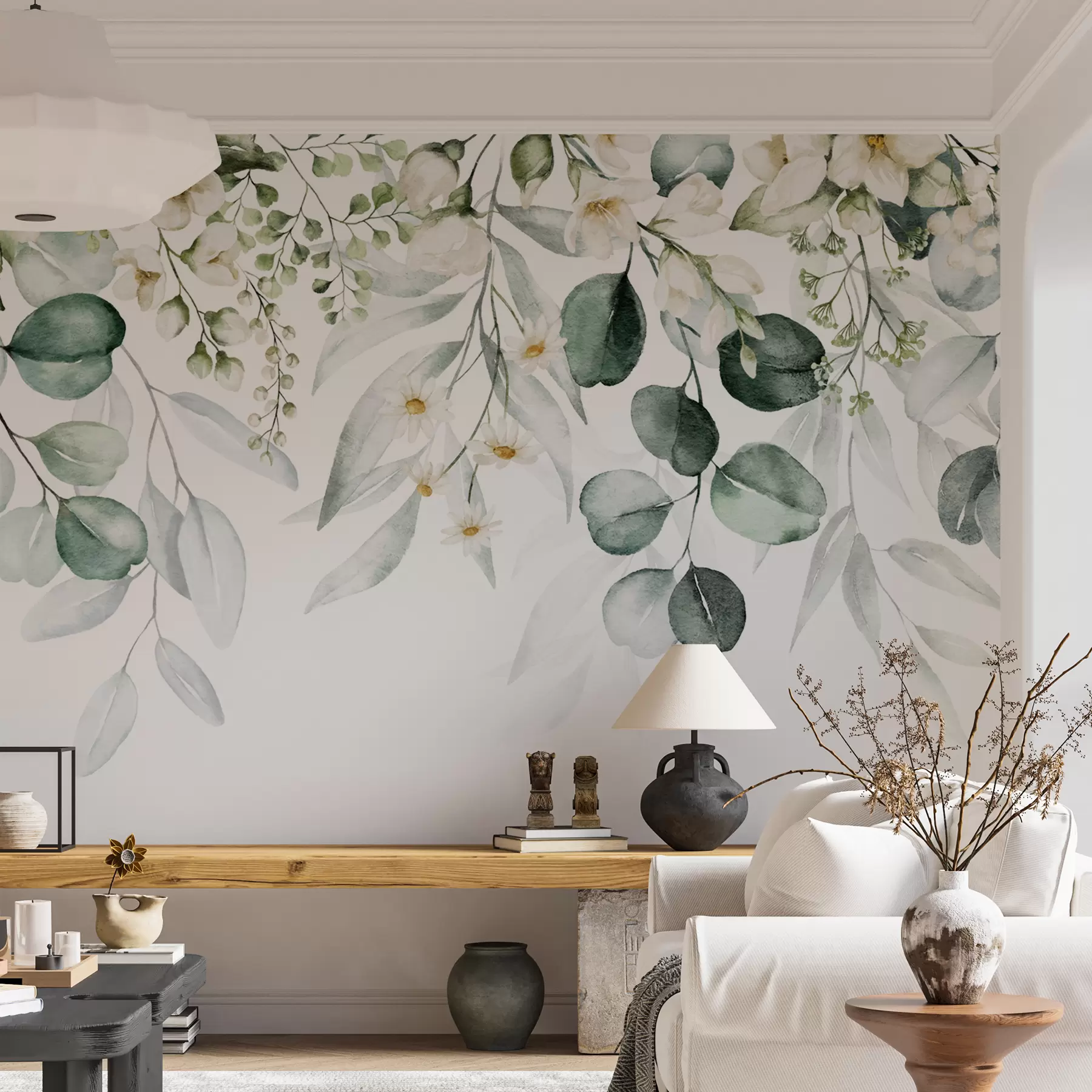 murales de pared Acuarela hojas verdes con flores u96336