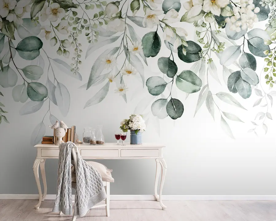 murales de pared Acuarela hojas verdes con flores u96336