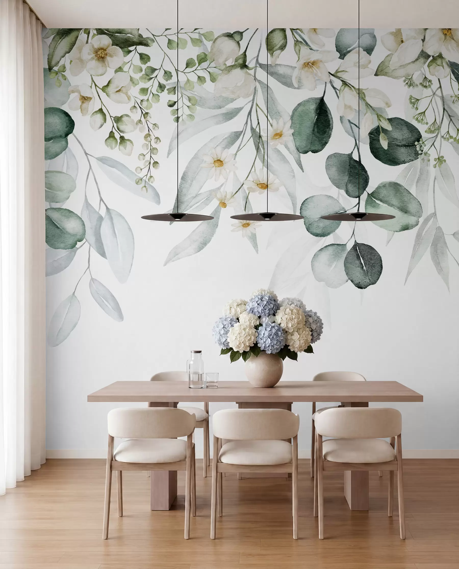 murales de pared Acuarela hojas verdes con flores u96336