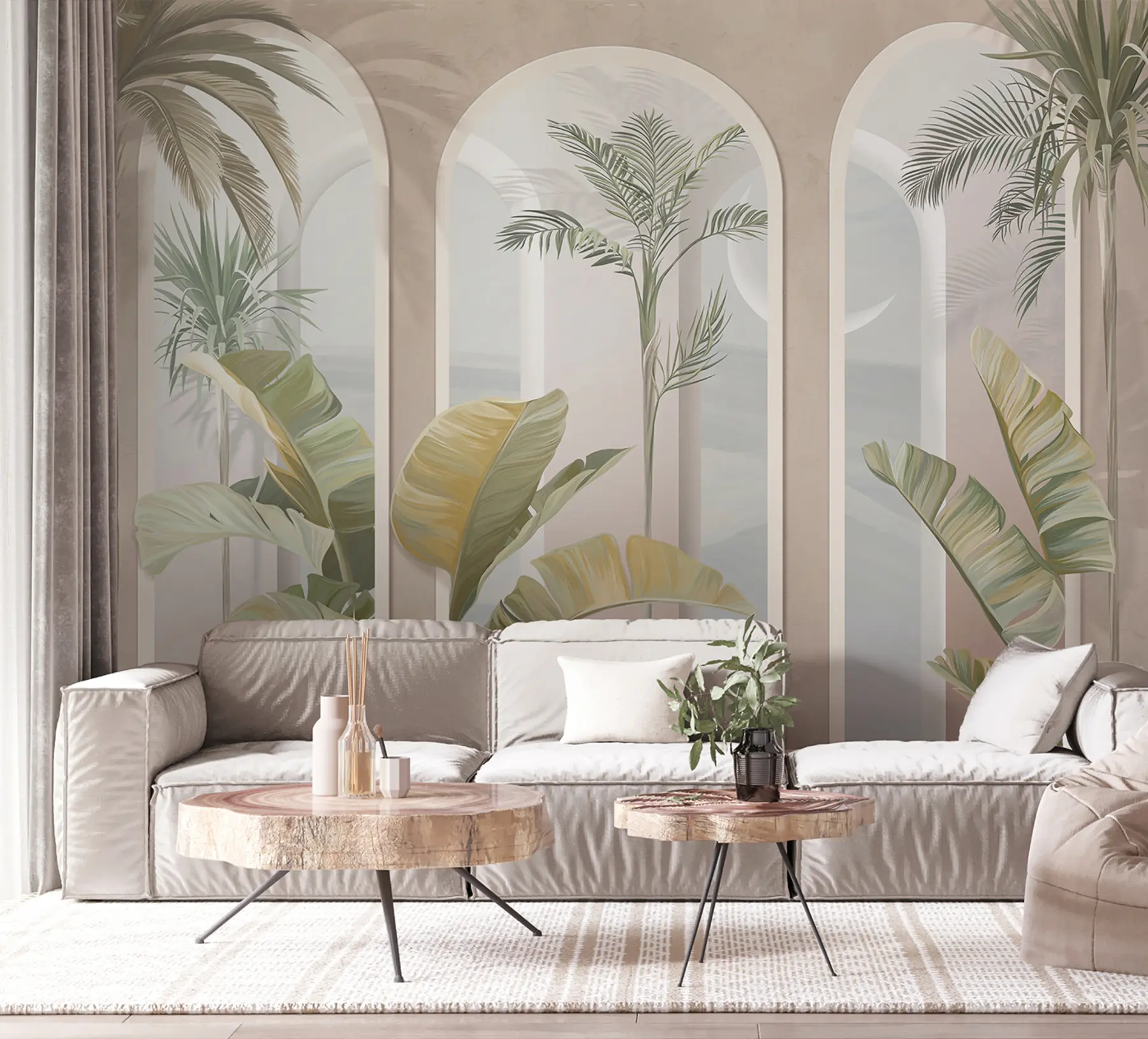 murales de pared Hojas tropicales 3D con palmeras y columnas. u96402