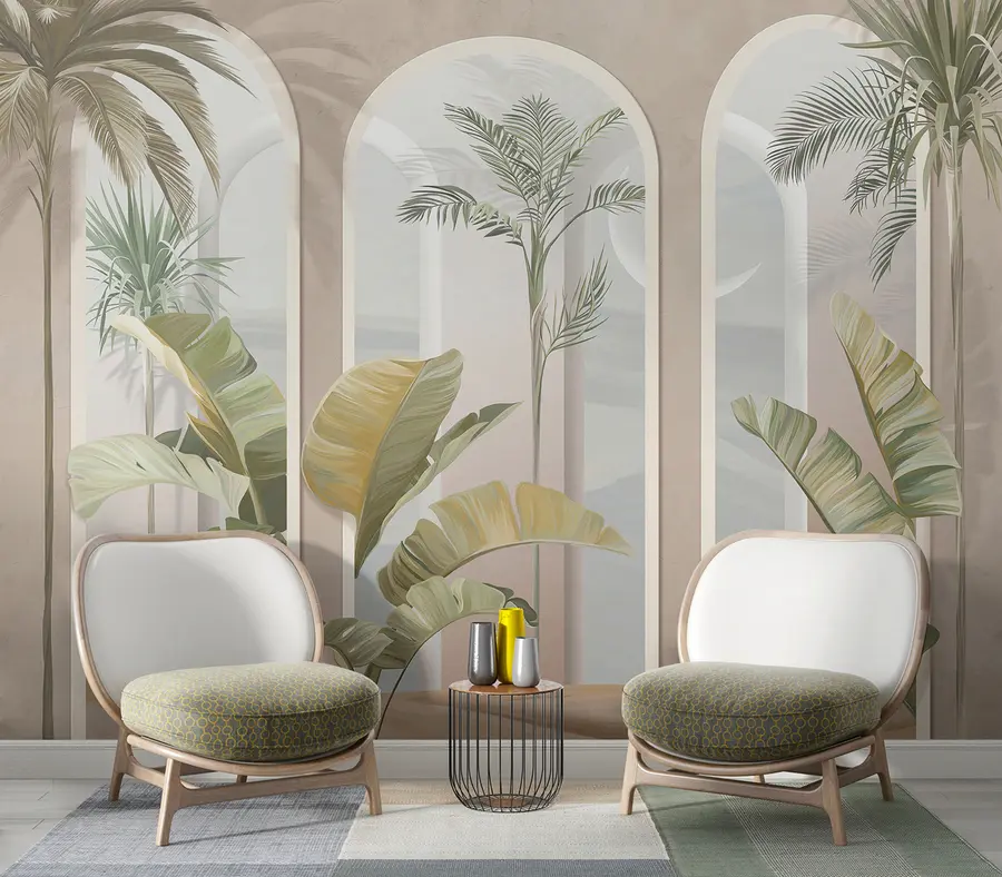 murales de pared Hojas tropicales 3D con palmeras y columnas u96402