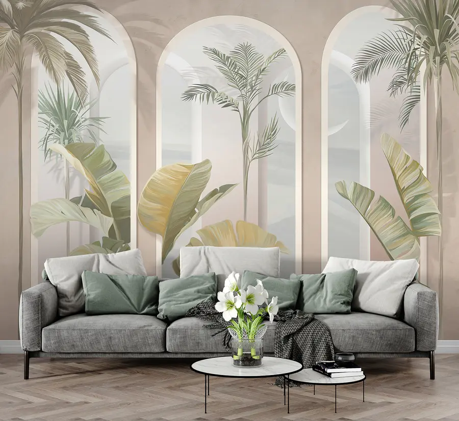 murales de pared Hojas tropicales 3D con palmeras y columnas u96402