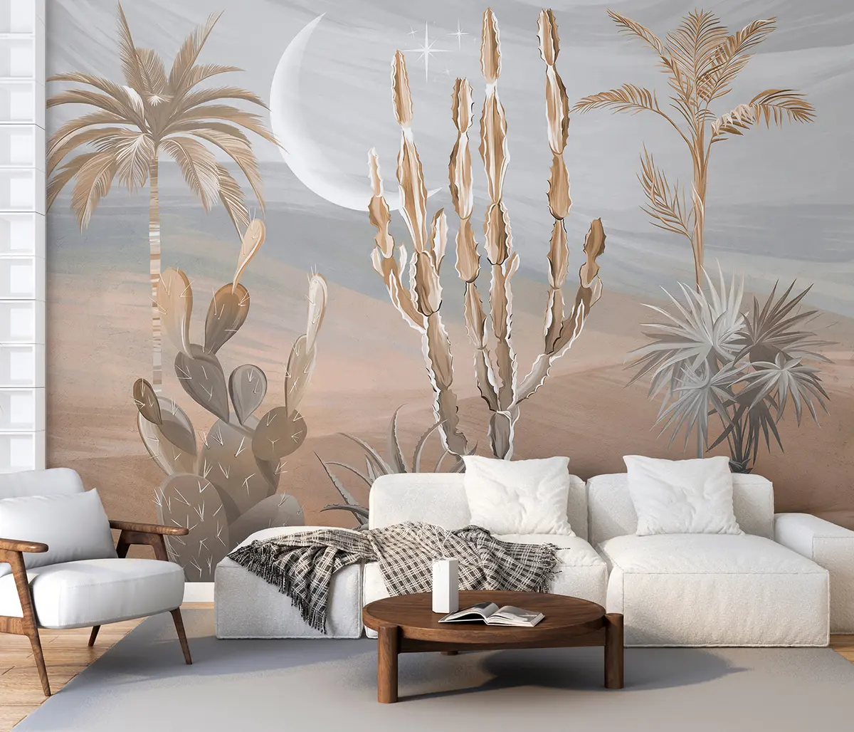 murales de pared Desierto 3D con cactus y hojas tropicales. u96444