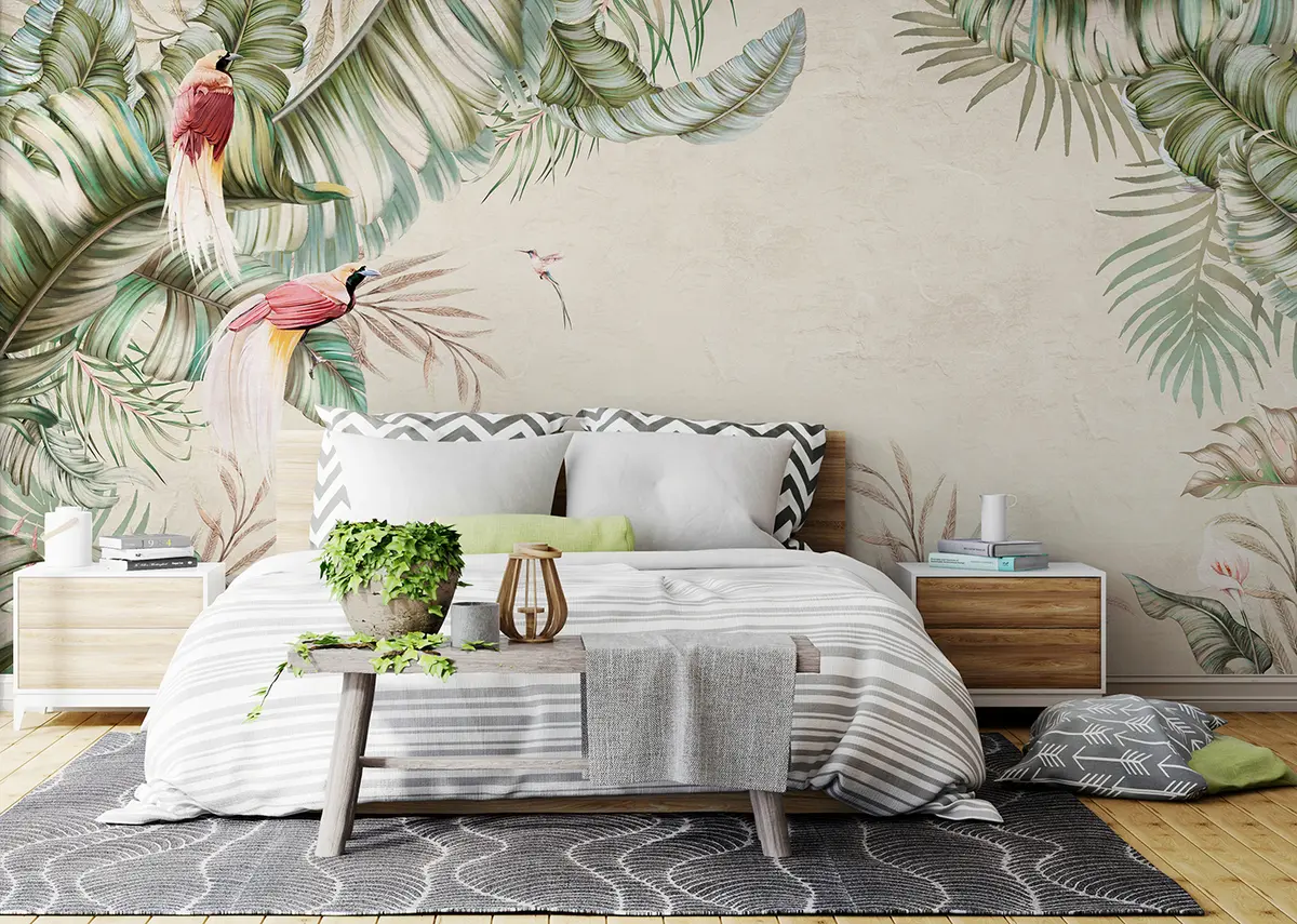 murales de pared Plantas tropicales y pájaros sobre fondo texturizado u96550