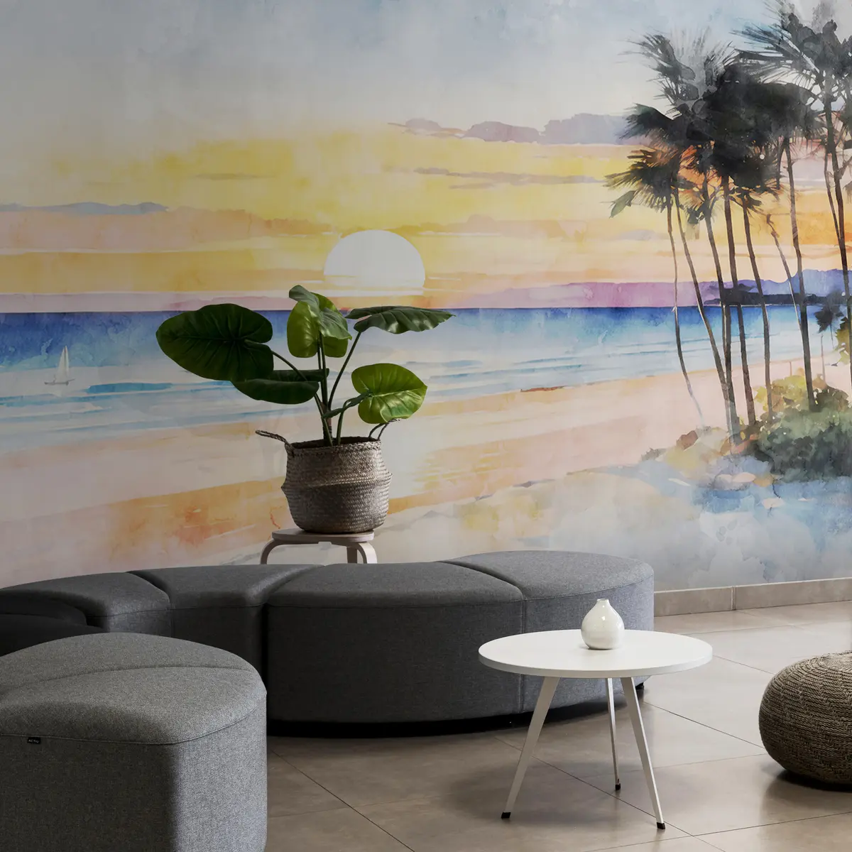 murales de pared Atardecer acuarela en la playa u97297