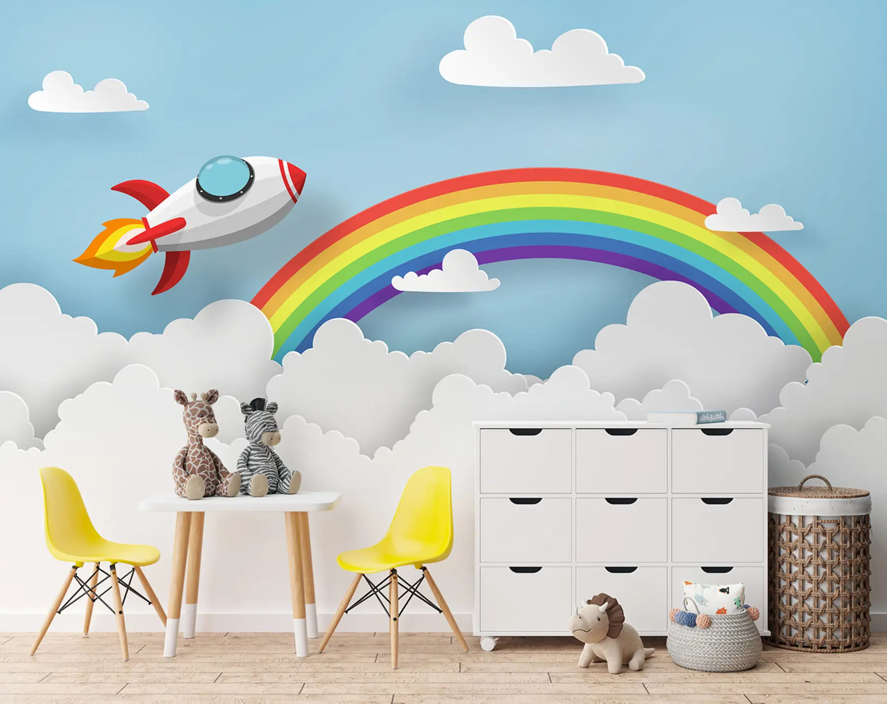 murales de pared Lanzar un cohete al cielo sobre las nubes y el arco iris u96299
