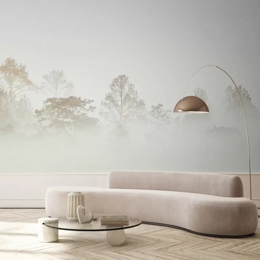 murales de pared Silueta de una arboleda en la espesa niebla blanca de la mañana u97405