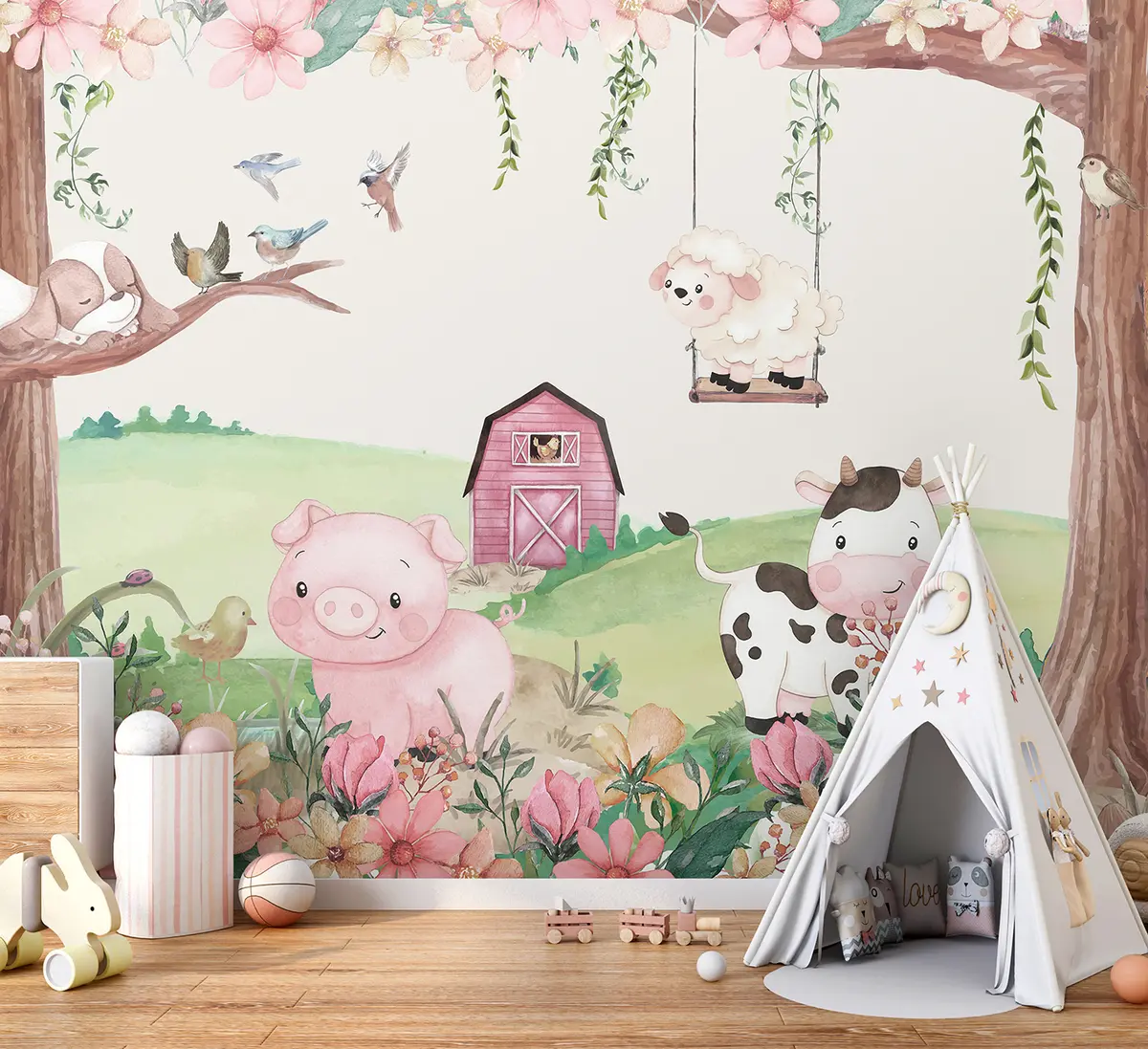 murales de pared Paisaje de granja con animales. u97370