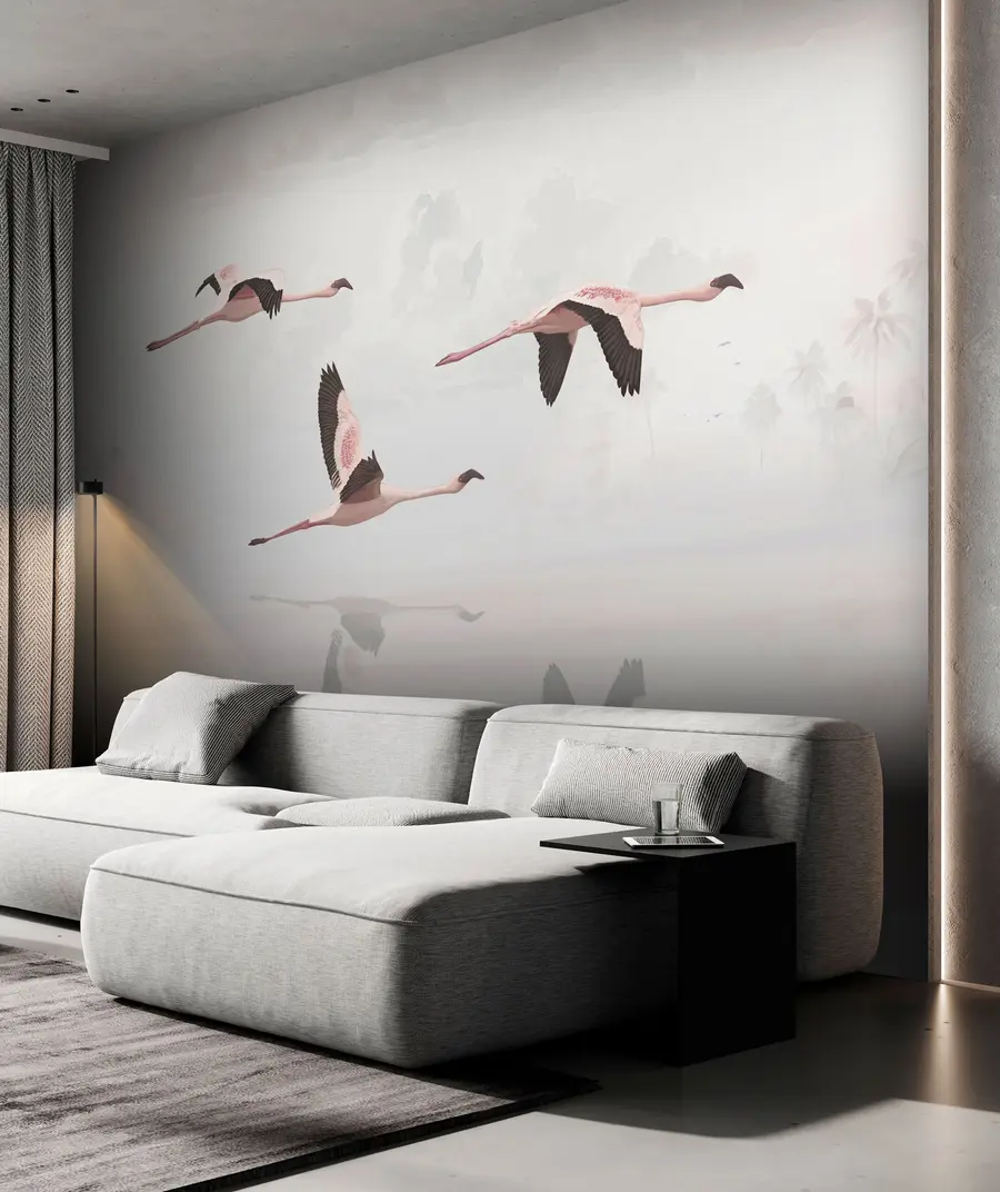 murales de pared Flamencos rosados ​​sobre la playa y el mar de la selva tropical u97457