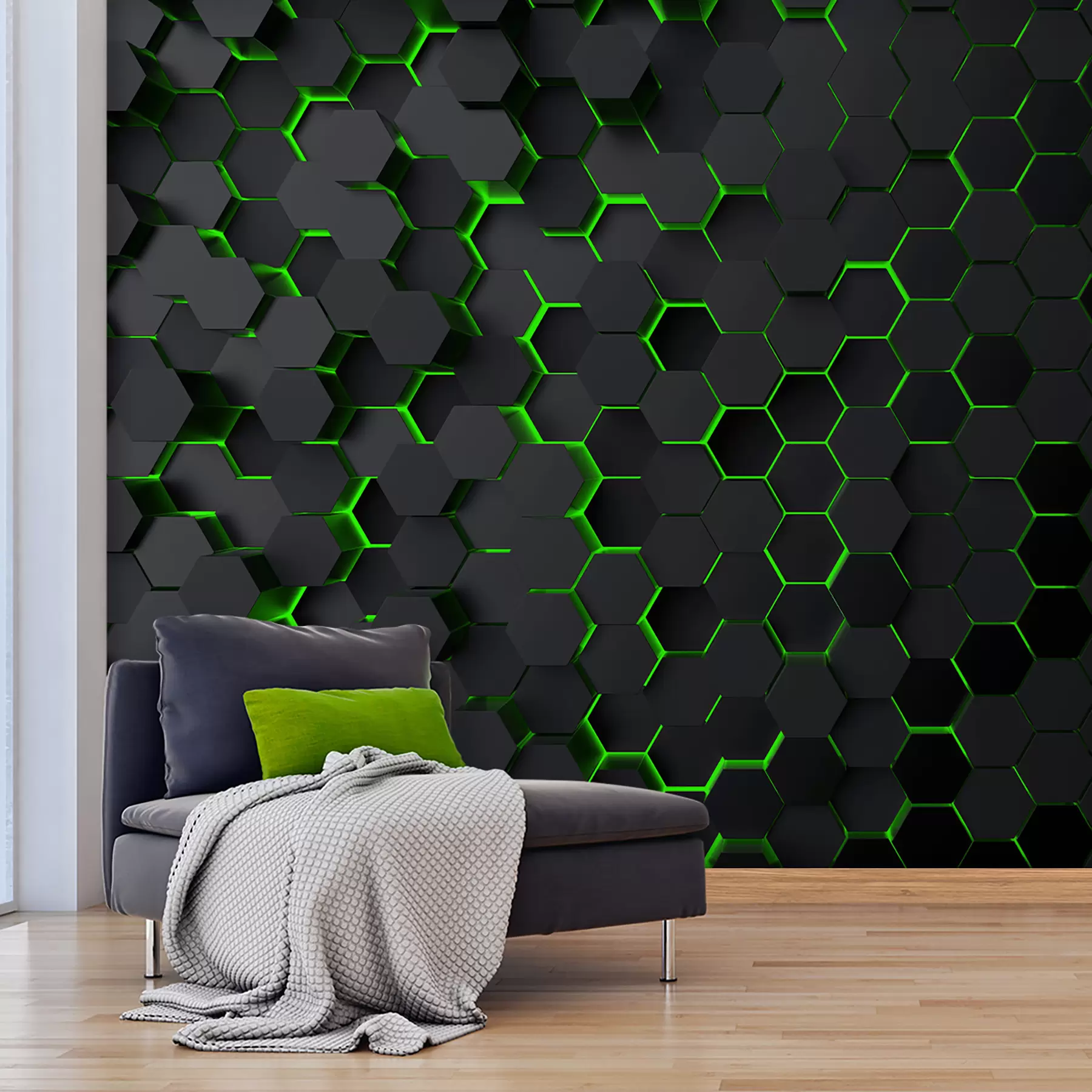 murales de pared Hexágonos negros y brillo verde u93618v1