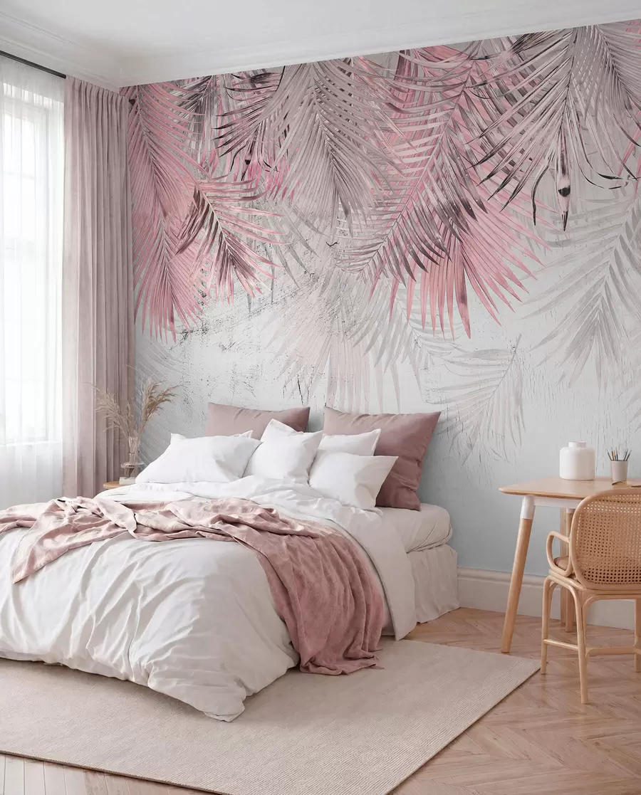 murales de pared Hojas tropicales rosadas en estilo grunge u93843v2
