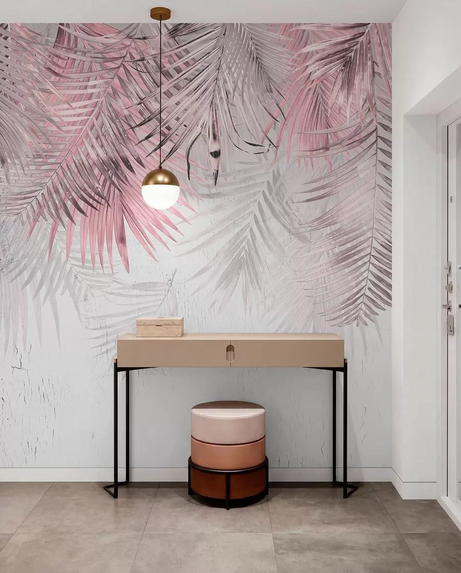 murales de pared Hojas tropicales rosadas en estilo grunge u93843v2